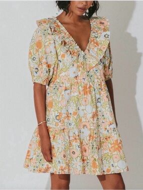 Cleobella Peach & Cream Floral Ruffle V-Neck Mini Dress